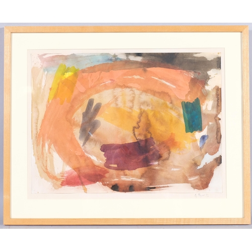 389 - G Flynn, 3 abstract compositions, mixed media watercolour/crayon, 1982, 38cm x 28cm, framed (3)