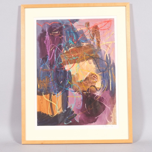 389 - G Flynn, 3 abstract compositions, mixed media watercolour/crayon, 1982, 38cm x 28cm, framed (3)