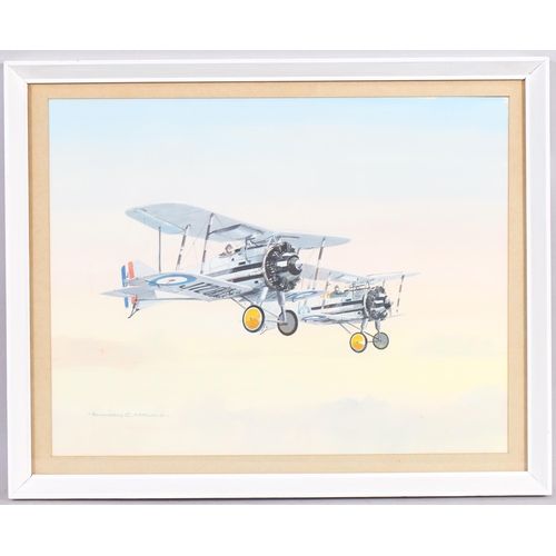 392 - Anthony Harold, 2 Gloster Grebe aircraft in flight, gouache, 35cm x 45cm, framed