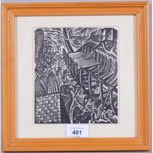 401 - David Jones, wood engraving on paper, from The Chester Play of the Deluge, 16.5cm x 14.2cm, mounted,... 