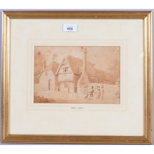 406 - Samuel Howitt (1765-1822), pencil and wash on paper, Farmhouse, 16cm x 23.5cm, mounted, framed and g... 