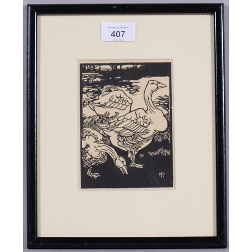 407 - Margaret Pilkington (1891-1974), woodcut on paper, Geese, 14cm x 10cm, mounted, glazed and framed. F... 