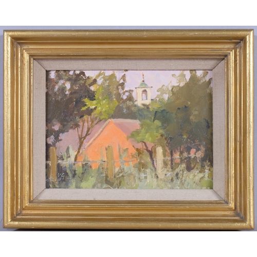 408 - Vita Gollancz (1926-2009), oil on board, Over the Fence, signed with initials VG, 13.5cm x 20cm, fra... 