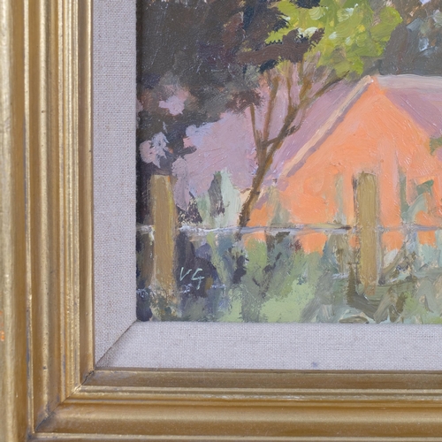 408 - Vita Gollancz (1926-2009), oil on board, Over the Fence, signed with initials VG, 13.5cm x 20cm, fra... 