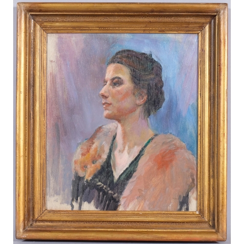 413 - Reginald Reeve (1908 - 1999), Woman With A Fox Stole, oil on panel, 34.5cm x 30cm, framed