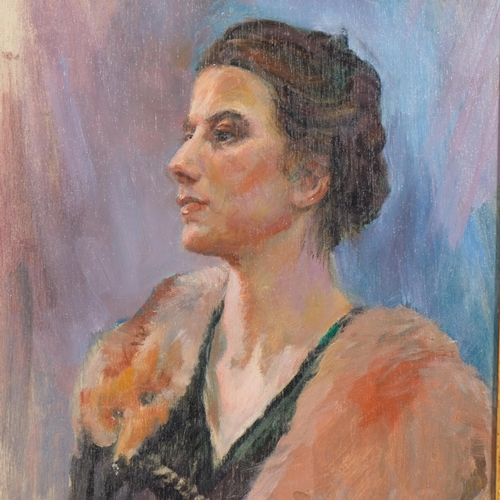 413 - Reginald Reeve (1908 - 1999), Woman With A Fox Stole, oil on panel, 34.5cm x 30cm, framed