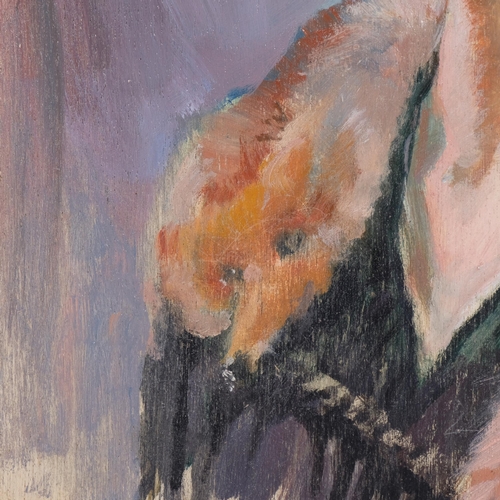 413 - Reginald Reeve (1908 - 1999), Woman With A Fox Stole, oil on panel, 34.5cm x 30cm, framed