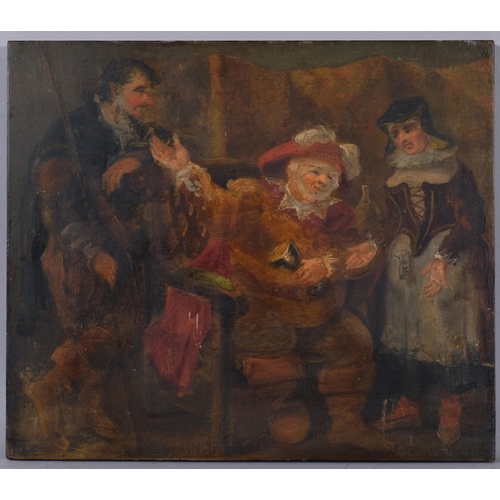 418 - A 19th century oil on board depicting Sir John Falstaff at the Boar's Head Inn, unsigned, 34cm x 39.... 