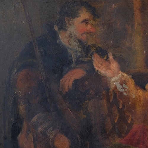 418 - A 19th century oil on board depicting Sir John Falstaff at the Boar's Head Inn, unsigned, 34cm x 39.... 