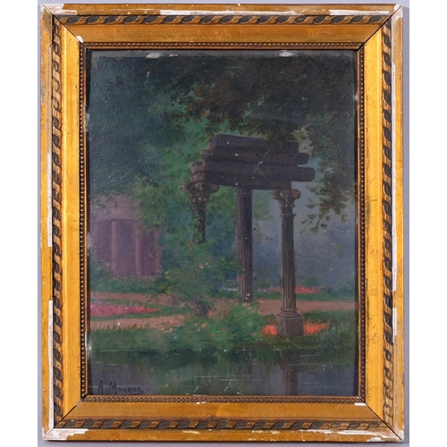 423 - Anne Mourre, temple ruins, oil on board, signed, 23cm x 18cm, framed