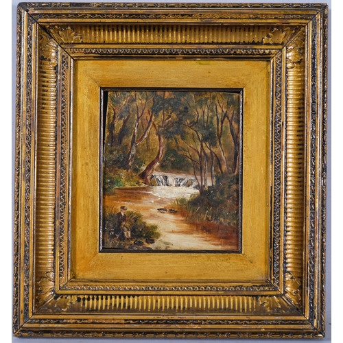 424 - F A Elliott, fisherman by a stream, oil on board, signed, 14cm x 12cm, framed