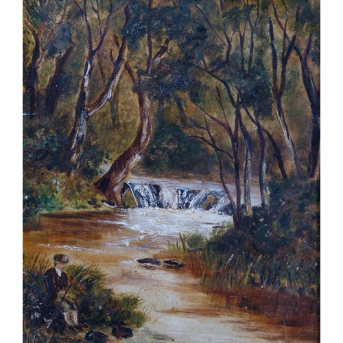 424 - F A Elliott, fisherman by a stream, oil on board, signed, 14cm x 12cm, framed