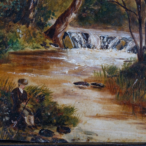 424 - F A Elliott, fisherman by a stream, oil on board, signed, 14cm x 12cm, framed