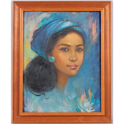 428 - Lim Wasim, portrait of an Indonesian woman, oil on board, signed, 44cm x 34cm, and 1 other Indonesia... 