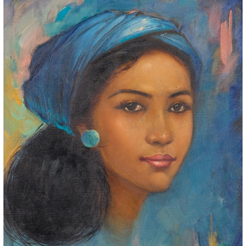 428 - Lim Wasim, portrait of an Indonesian woman, oil on board, signed, 44cm x 34cm, and 1 other Indonesia... 