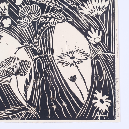 437 - **Description change** Anna Adams, linocut Christmas card, 1977, signed and inscribed, plate 20cm x ... 