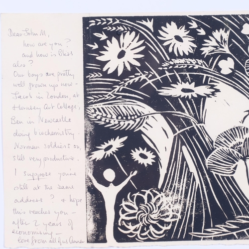 437 - **Description change** Anna Adams, linocut Christmas card, 1977, signed and inscribed, plate 20cm x ... 