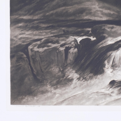 444 - Frank Short, mountain rapids, mezzotint, signed in pencil, plate 26cm x 39cm, unframed