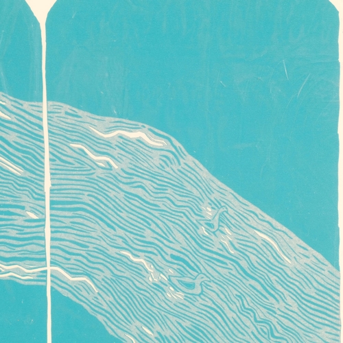 445 - Abstract river with swan, colour woodcut on Fabriano paper, unsigned, sheet 35cm x 50cm, unframed