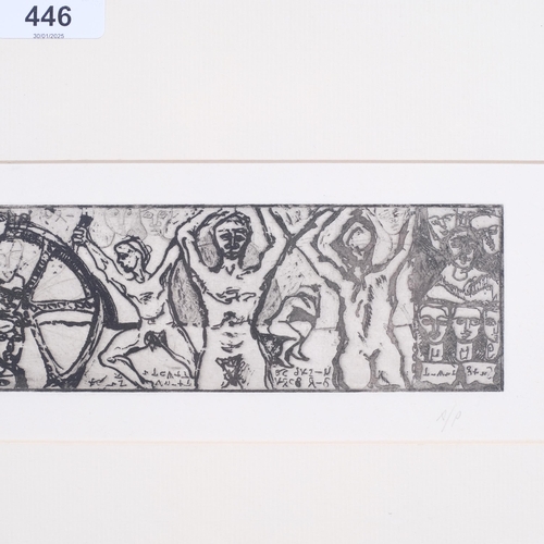 446 - D Weil, surrealist composition, etching, signed in pencil, dated '85, plate 6.5cm x 30.5cm, mounted