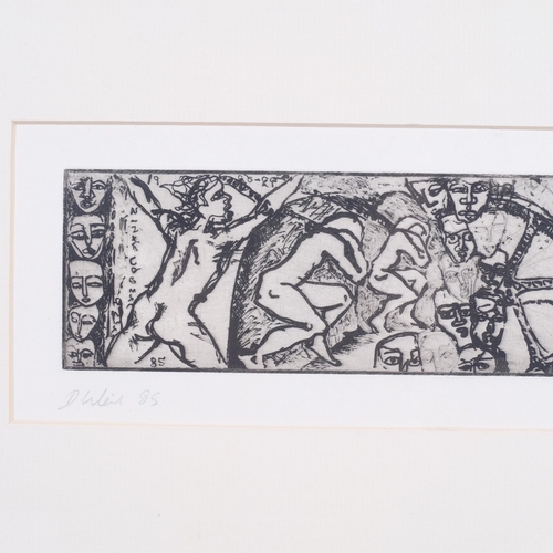 446 - D Weil, surrealist composition, etching, signed in pencil, dated '85, plate 6.5cm x 30.5cm, mounted