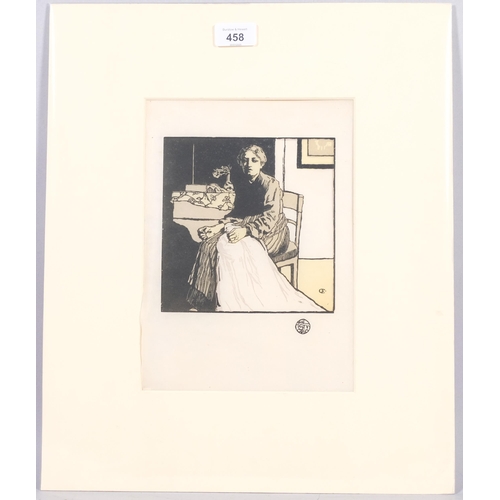 458 - Emil Orlik, The Seamstress, lithograph, published by The Studio 1899, plate 16cm x 16cm, mounted