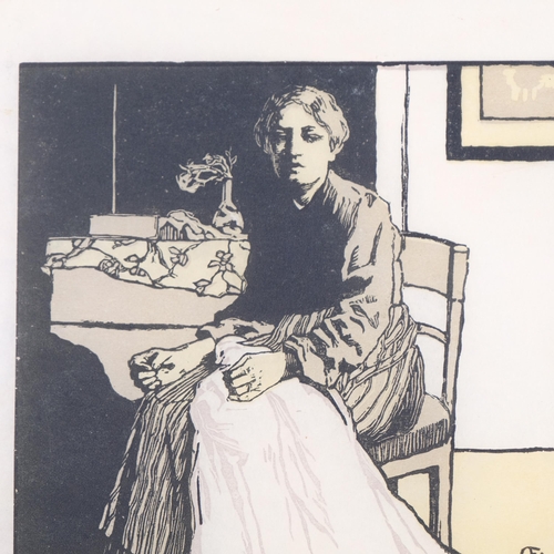 458 - Emil Orlik, The Seamstress, lithograph, published by The Studio 1899, plate 16cm x 16cm, mounted