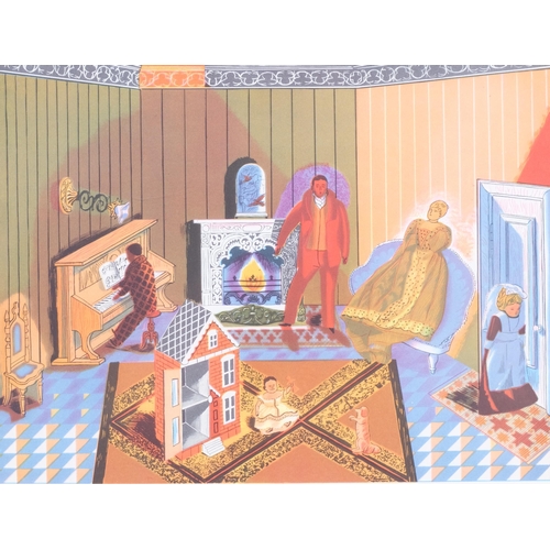 467 - Edward Bawden, The Dolls At Home, colour lithograph, published London 1953, plate 15cm x 20cm, mount... 