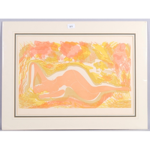 471 - Reclining figure, colour screenprint circa 1950s, unsigned, plate 34cm x 57cm, mounted