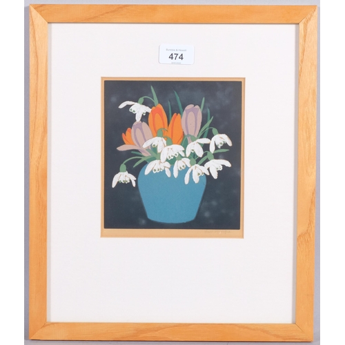 474 - John Hall Thorpe, spring flowers, colour woodcut print, signed in pencil, plate 16cm x 15cm, framed