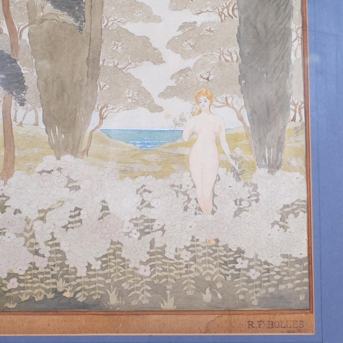 477 - Reginald Fairfax Bolles (1877 - 1967), nude in a field of flowers, gouache, circa 1900, 67cm x 38cm,... 