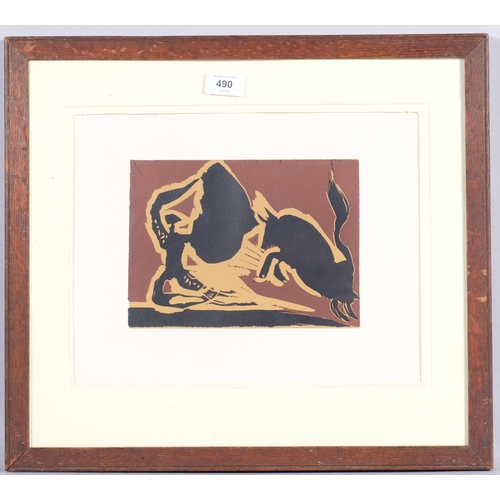 490 - After Pablo Picasso, bullfight, linocut, circa 1960, plate 16cm x 22.5cm, framed