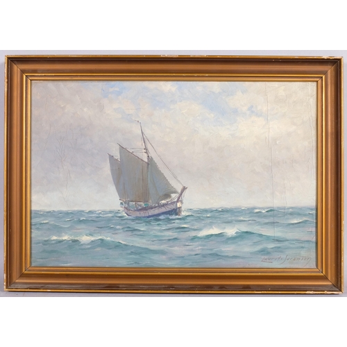 501 - Lauritz Sorensen (1882-1968) Seascape with Sailing Boat, oil on canvas, signed lower right, 30cm x 4... 