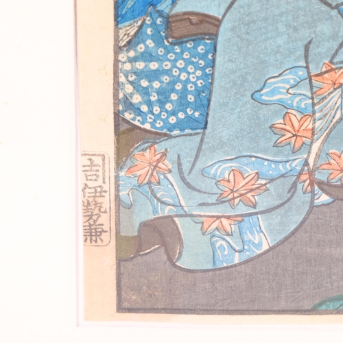 502 - Toyofuni, Japanese colour woodblock print, 2 figures, 35cm x 23cm, framed