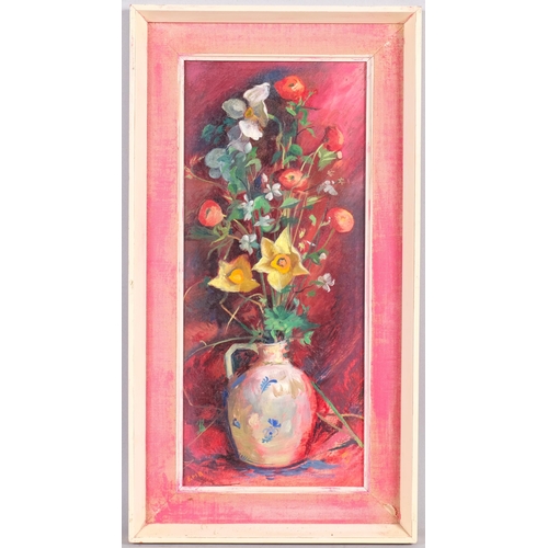 503 - Elizabeth Biddulph, still life flowers, oil on board, label verso, 37.5 x 16cm, framed