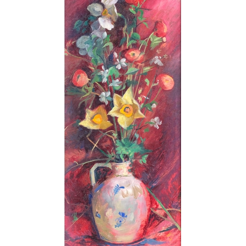 503 - Elizabeth Biddulph, still life flowers, oil on board, label verso, 37.5 x 16cm, framed