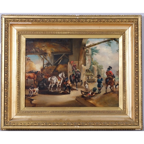 512 - 19th Century oil on board, cavaliers in a courtyard, 26cm x 38cm, unsigned, framed (unglazed). Red w... 