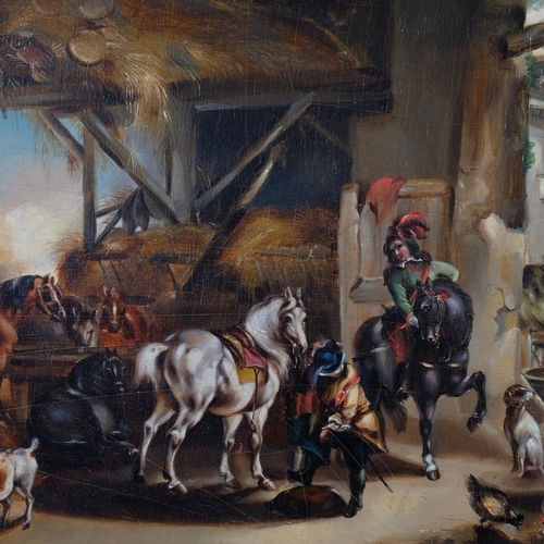 512 - 19th Century oil on board, cavaliers in a courtyard, 26cm x 38cm, unsigned, framed (unglazed). Red w... 