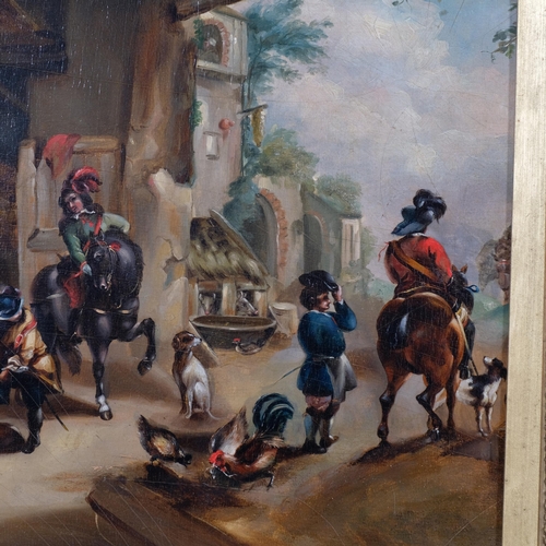 512 - 19th Century oil on board, cavaliers in a courtyard, 26cm x 38cm, unsigned, framed (unglazed). Red w... 