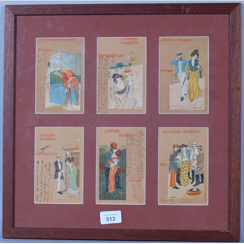 513 - A framed group of 6 printed postcards, circa 1900, with handwritten inscriptions, images signed M Ra... 