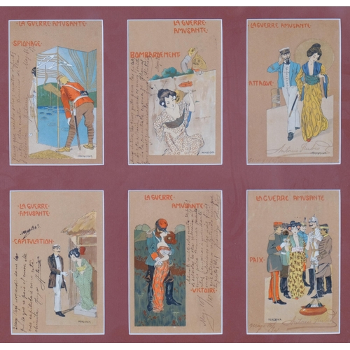 513 - A framed group of 6 printed postcards, circa 1900, with handwritten inscriptions, images signed M Ra... 