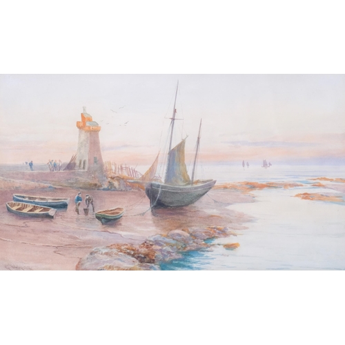 515 - George Barker, watercolour, fishing beach scene, signed, 24cm x 42cm, framed