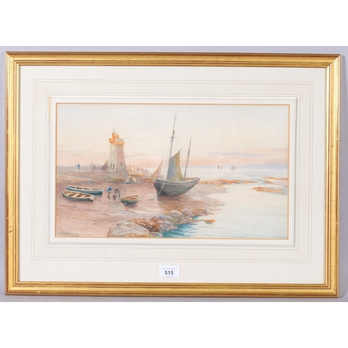 515 - George Barker, watercolour, fishing beach scene, signed, 24cm x 42cm, framed