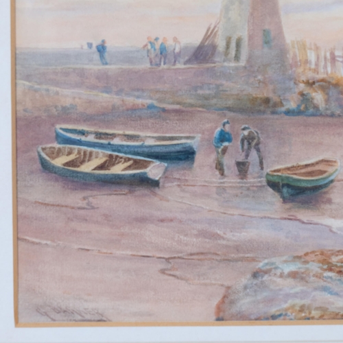 515 - George Barker, watercolour, fishing beach scene, signed, 24cm x 42cm, framed