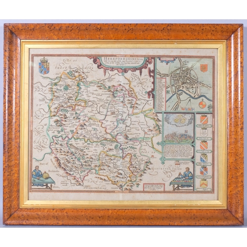 517 - A 17th Century hand coloured map of Herefordshire by John speede, 52 x42cm, framed