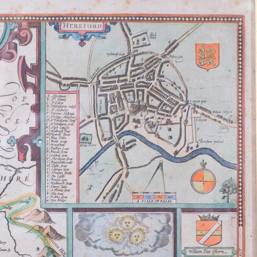 517 - A 17th Century hand coloured map of Herefordshire by John speede, 52 x42cm, framed