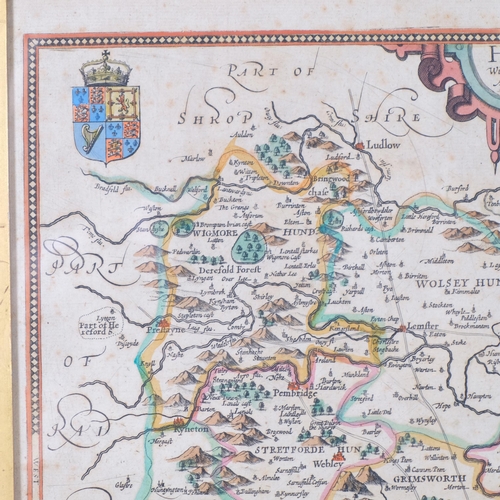 517 - A 17th Century hand coloured map of Herefordshire by John speede, 52 x42cm, framed