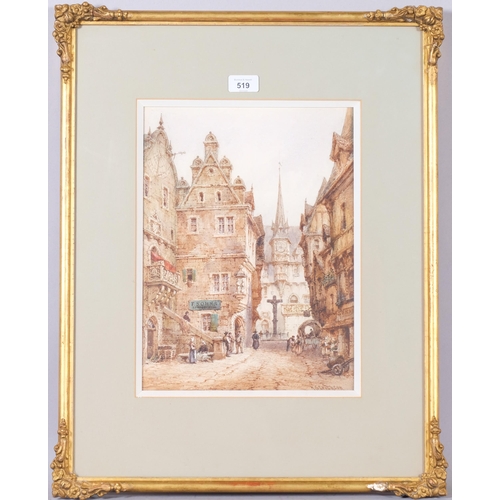 519 - H S Crichton, Continental street scene, detailed 19th century watercolour, 36cm x 26cm, framed