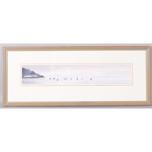 520 - Clare Davis, pair of panoramic coastal scenes, watercolour, signed, 10cm x 53cm, framed