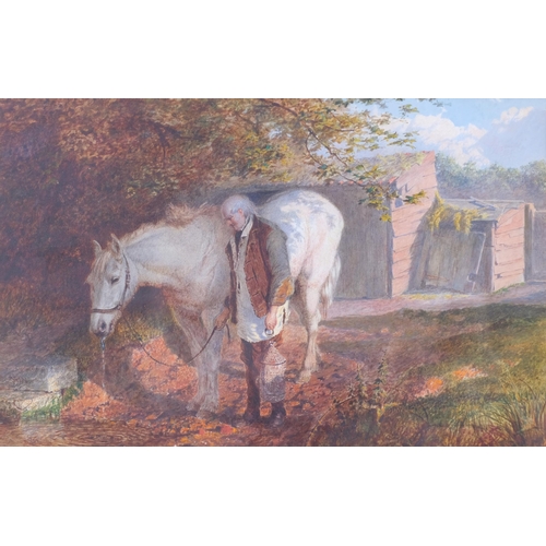 523 - The watering place, 19th century watercolour/body colour, signed with monogram JFW, 24.5cm x 37.5cm,... 